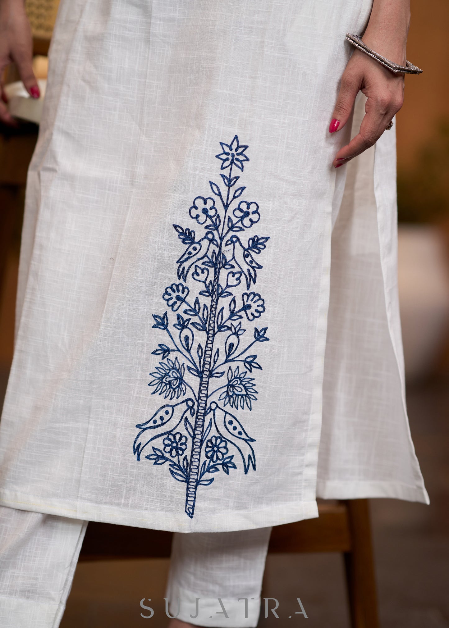 Classic White cotton side embroidered Kurta with pant  - Stole optional