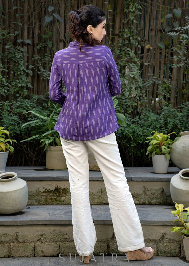 Elegant Violet Ikat Cotton Shirt Highlightedwith Contrast Ivory Ikat