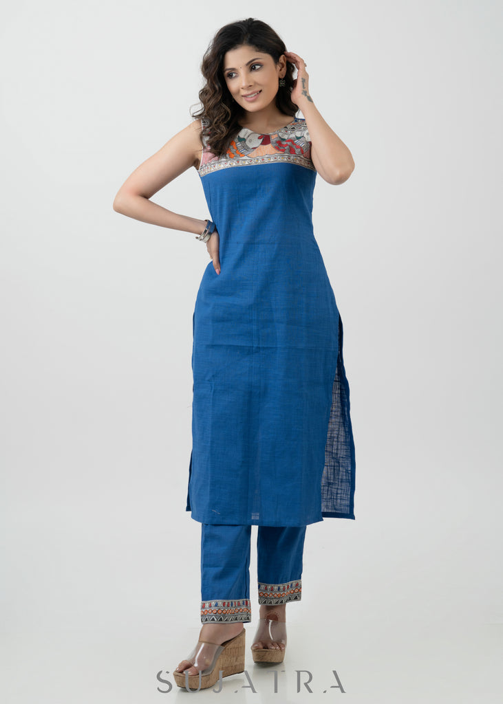 Smart Blue Cotton Madhubani Hand Painted Kurta - Pant Optional