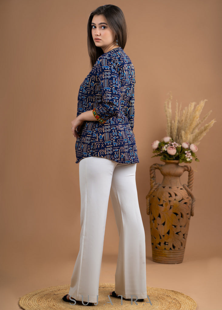 Smart cotton Ajrakh kutch embroidered top - Off white inner optional