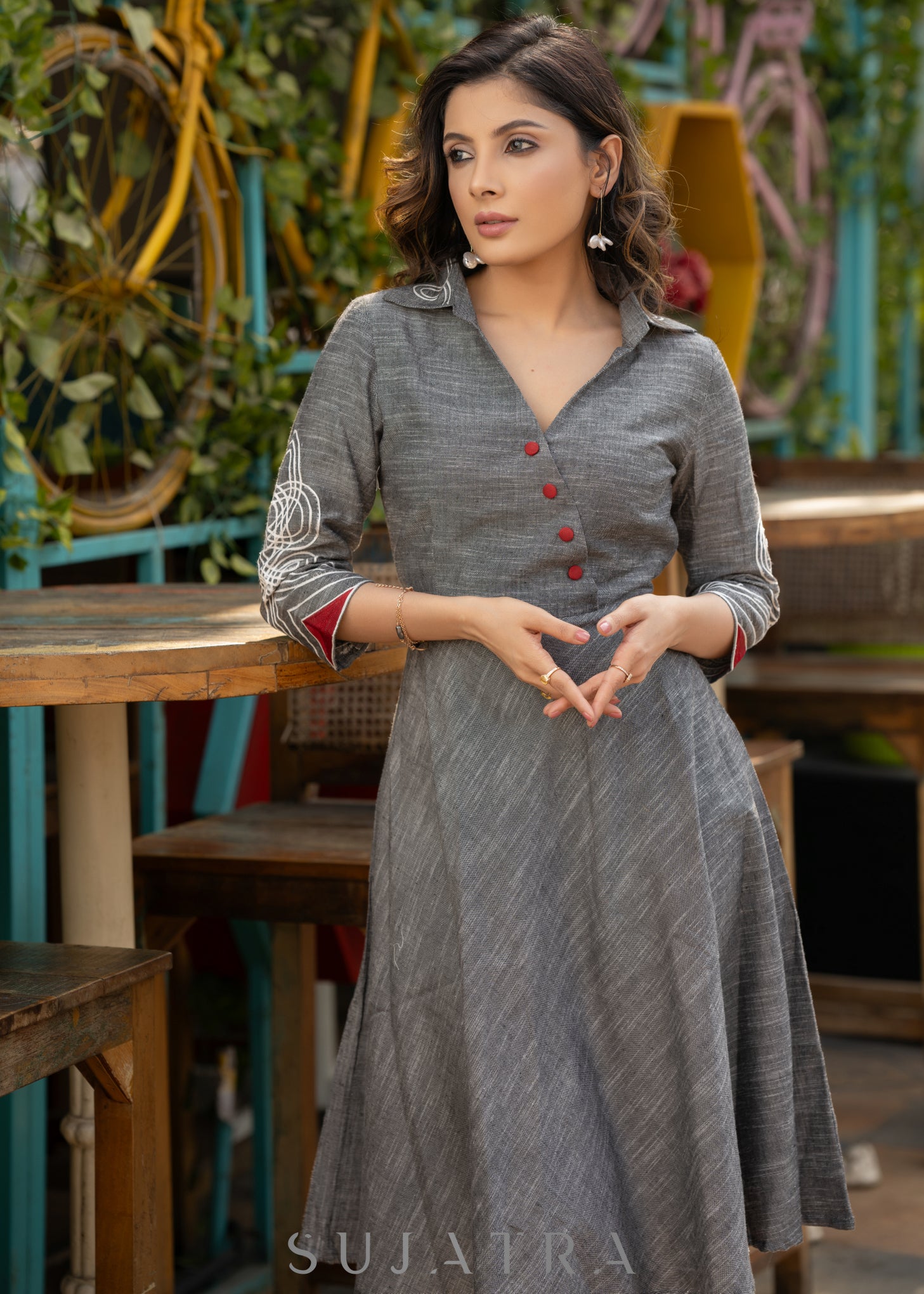 Grey cotton dress with embroidery on sleeves & collar  Sujatra