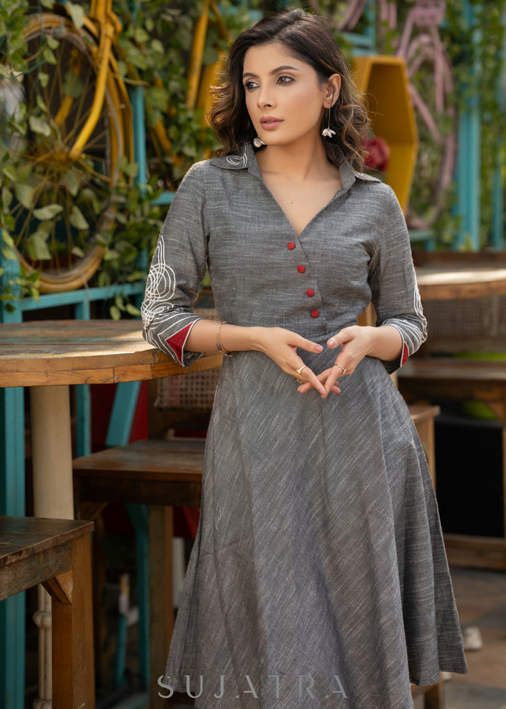 Grey cotton dress with embroidery on sleeves & collar