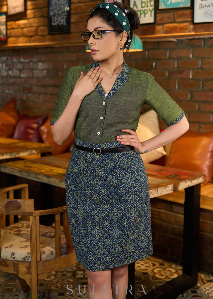 Green cotton half sleeves shirt with Ajrakh detailing - Ajrakh skirt optional