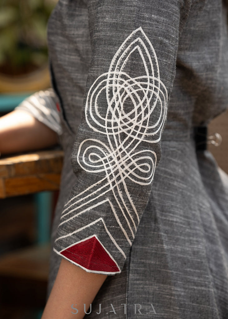 Grey cotton dress with embroidery on sleeves & collar