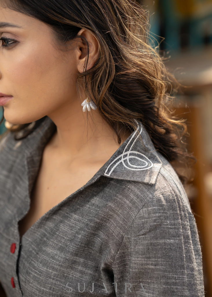 Grey cotton dress with embroidery on sleeves & collar