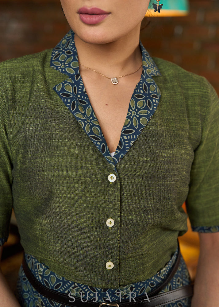 Green cotton half sleeves shirt with Ajrakh detailing - Ajrakh skirt optional