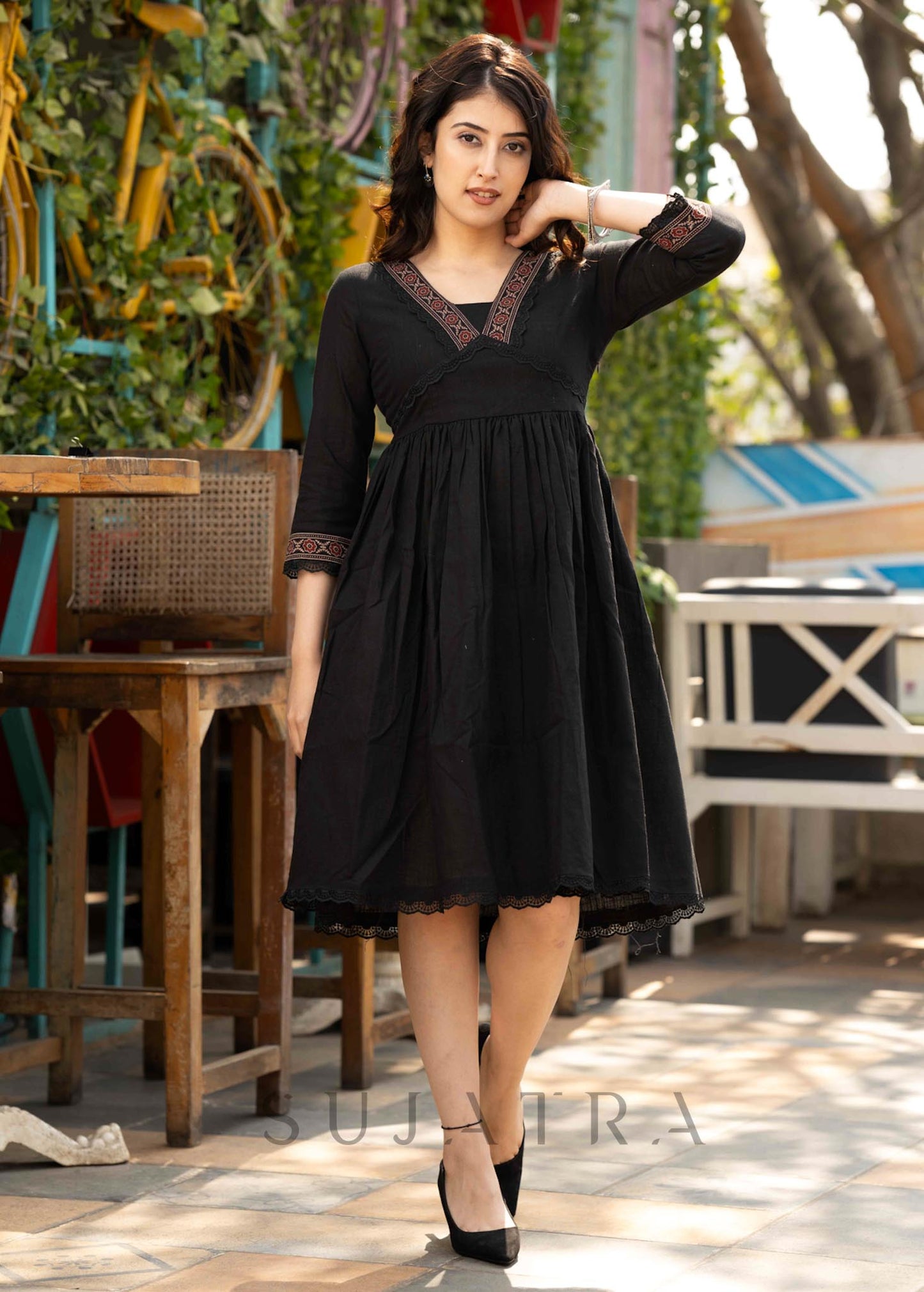 Black cotton dress with Ajrakh border in neckline & sleeves