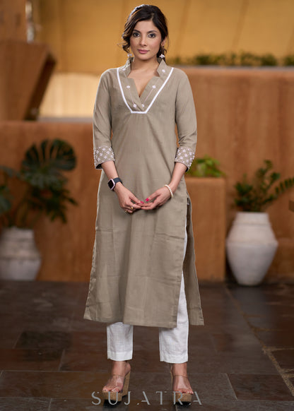 Elegant Beige cotton kurta with beadwork Pant optional