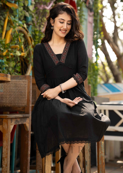 Black cotton dress with Ajrakh border in neckline & sleeves