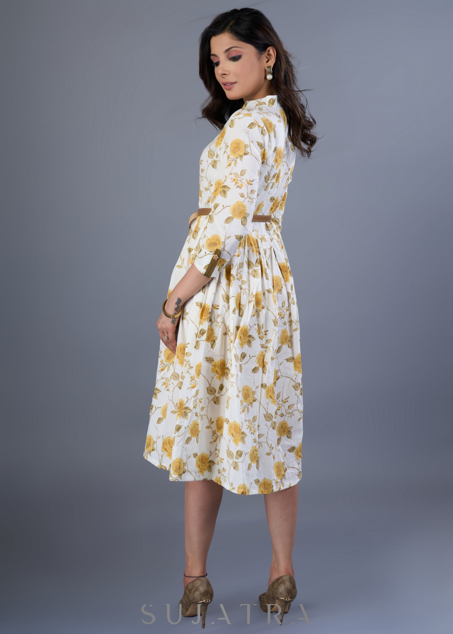 Smart Off White Cotton Printed Dress