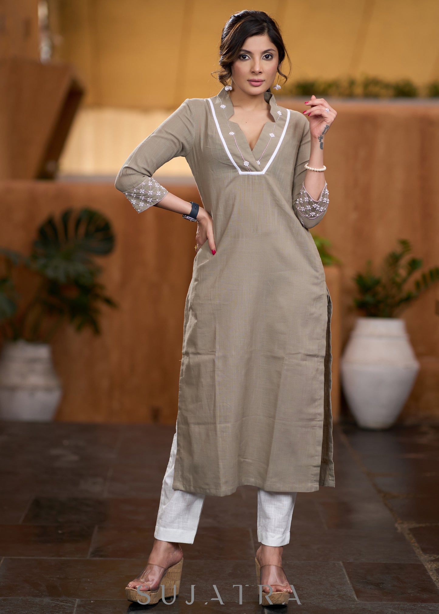 Elegant Beige cotton kurta with beadwork Pant optional