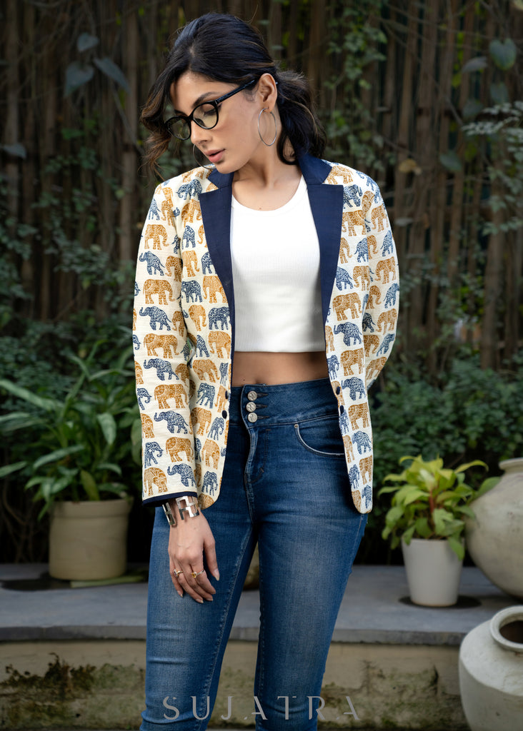 Trendy cotton kantha elephant print casual blazer with contrast collar