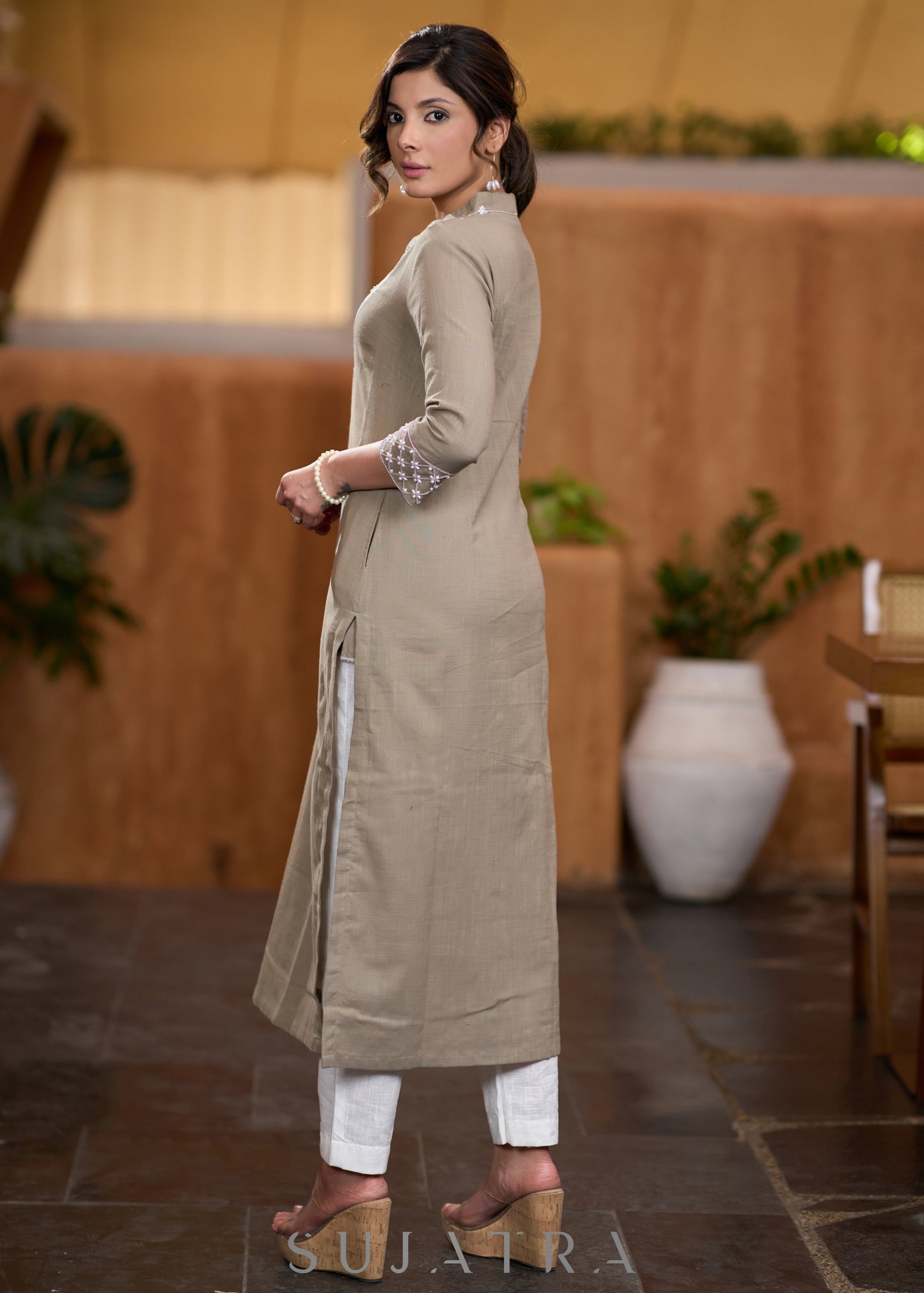Elegant Beige cotton kurta with beadwork Pant optional