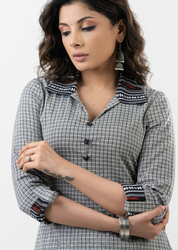 Stylish Grey Cotton Ikat Kurta - Pant Optional