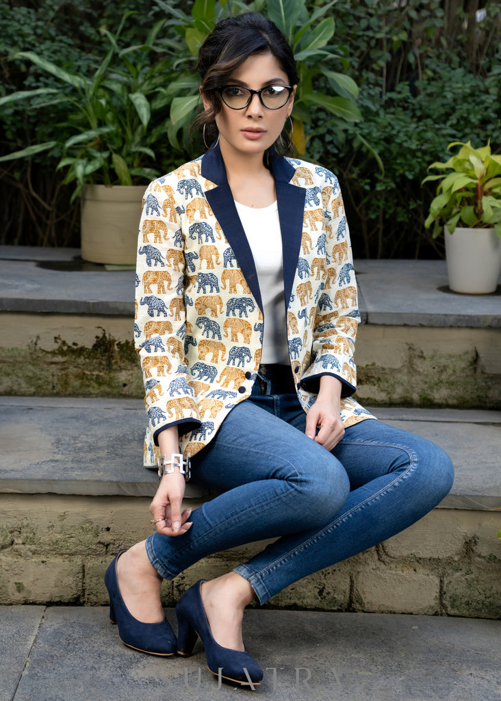 Trendy cotton kantha elephant print casual blazer with contrast collar