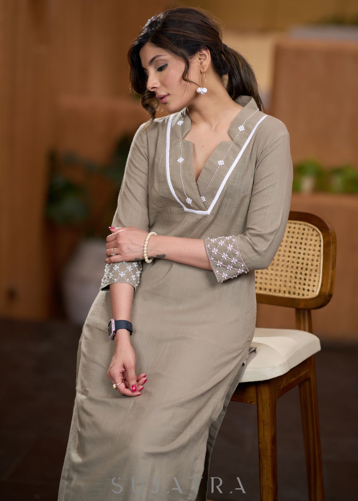 Dussehra Sale — Elegant Beige cotton kurta with beadwork Pant optional