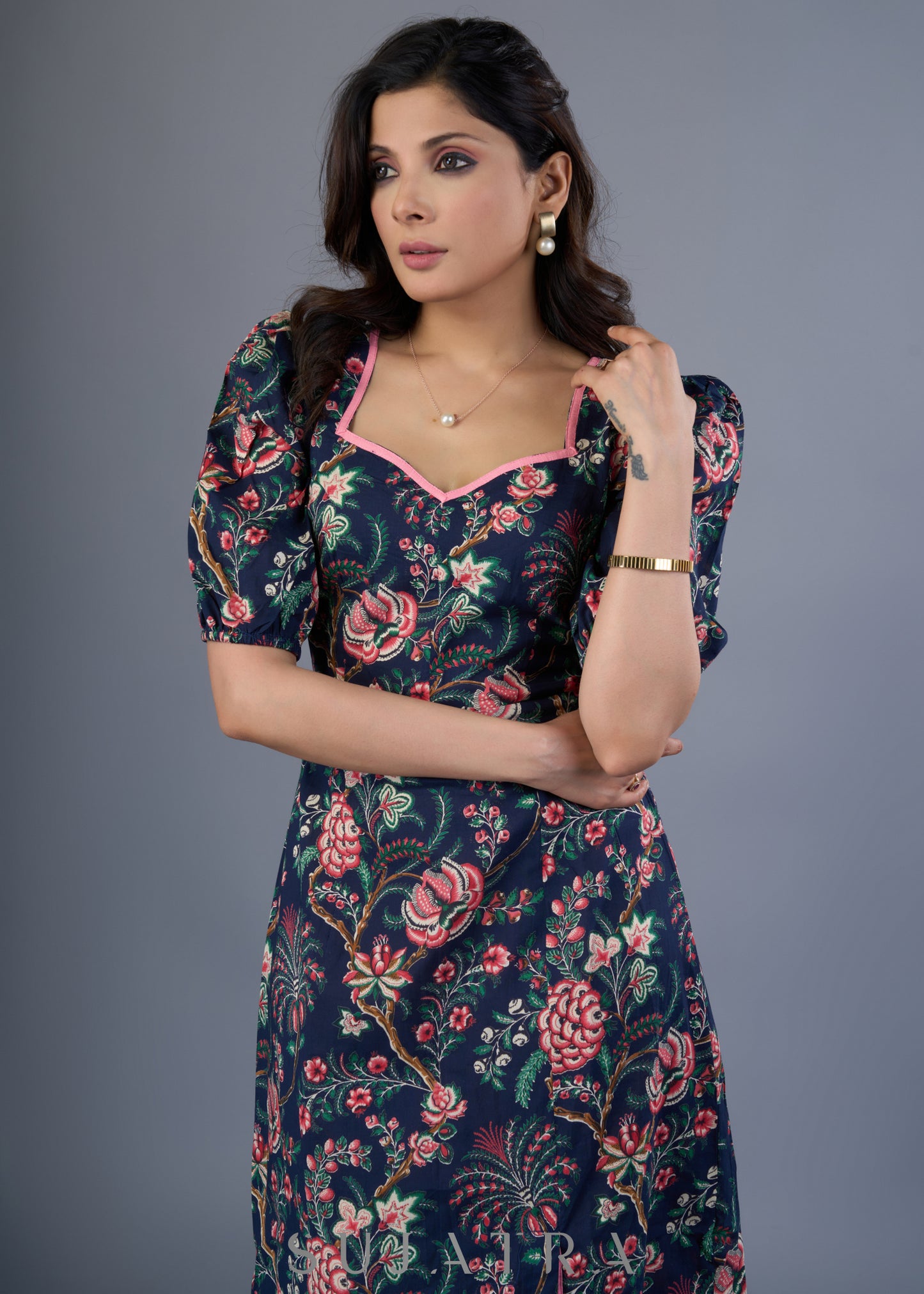 Elegant Navy Blue Cotton Floral Slit Midi Dress