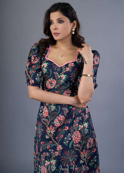 Elegant Navy Blue Cotton Floral Slit Midi Dress