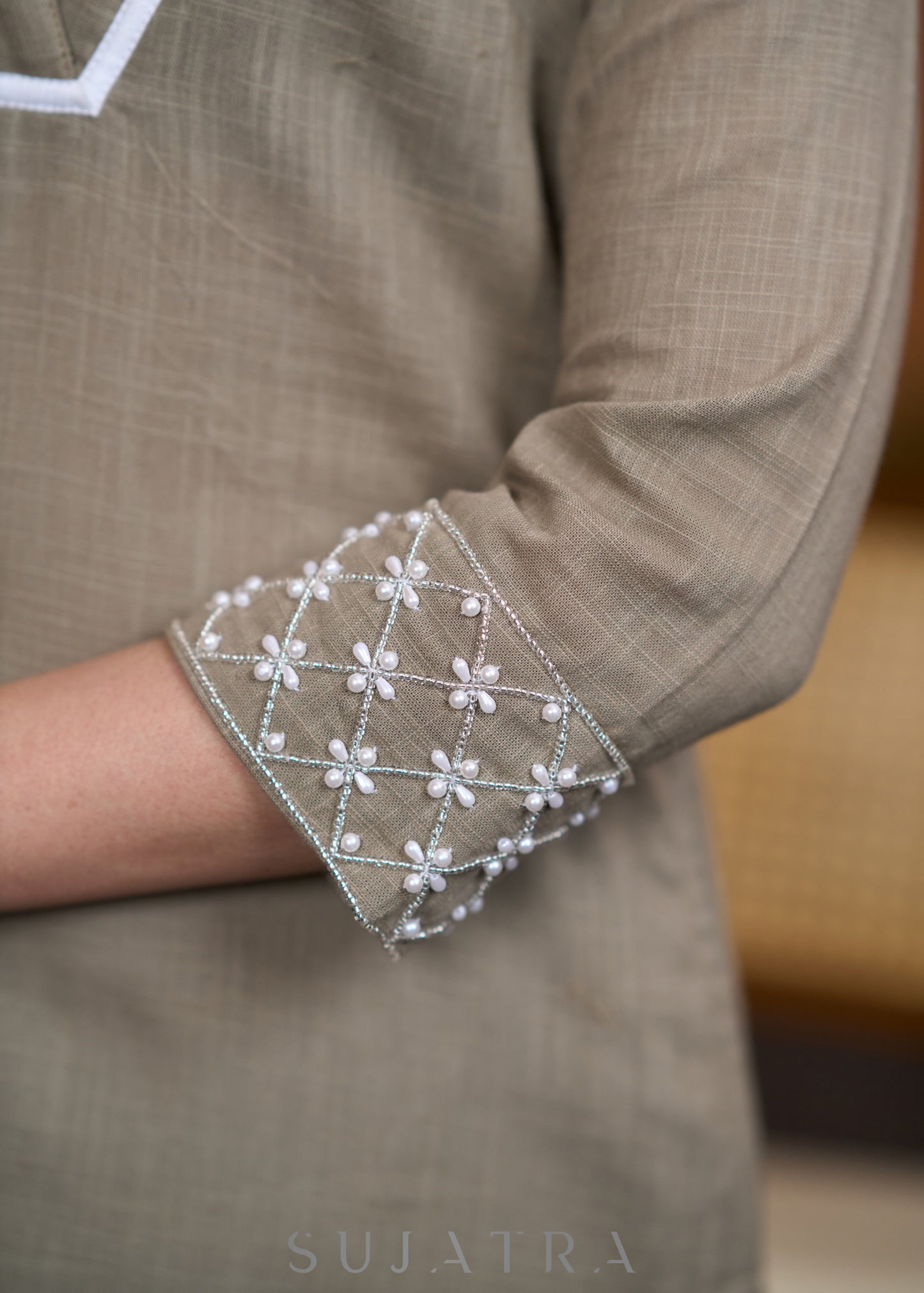 Elegant Beige cotton kurta with beadwork Pant optional