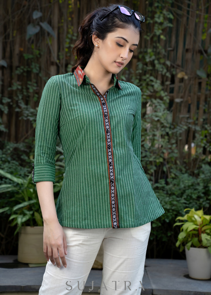Exclusive Bottle Green Striped Ikat Shirt Highlightedwith Contrast Ikat