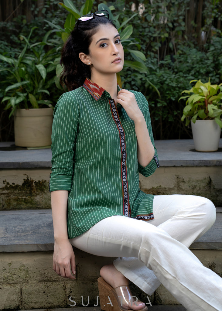 Exclusive Bottle Green Striped Ikat Shirt Highlightedwith Contrast Ikat