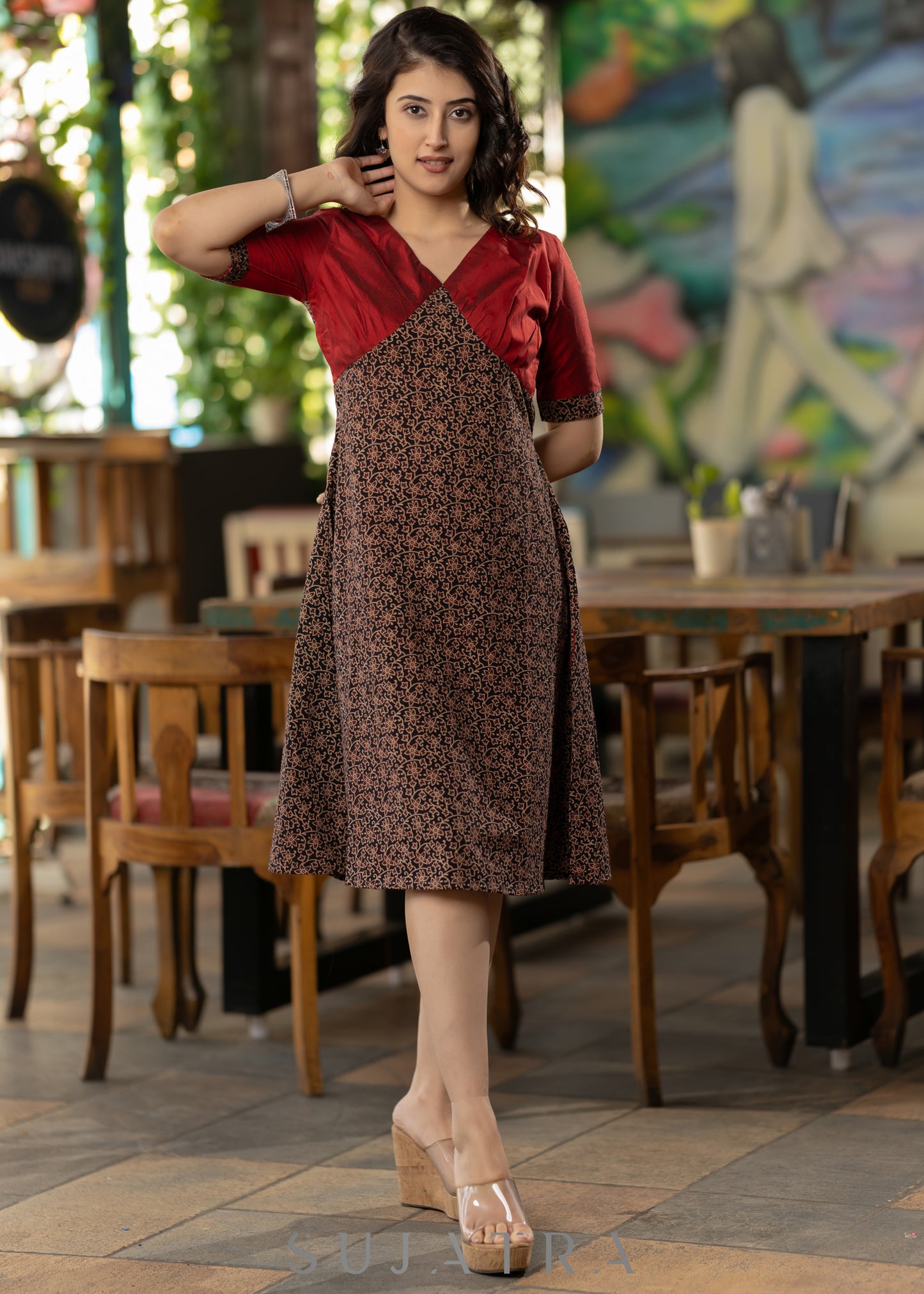 Black Floral Ajrakh with maroon silk yoke
