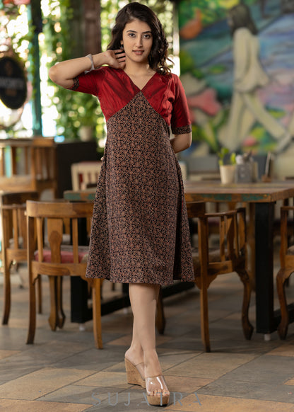 Black Floral Ajrakh with maroon silk yoke
