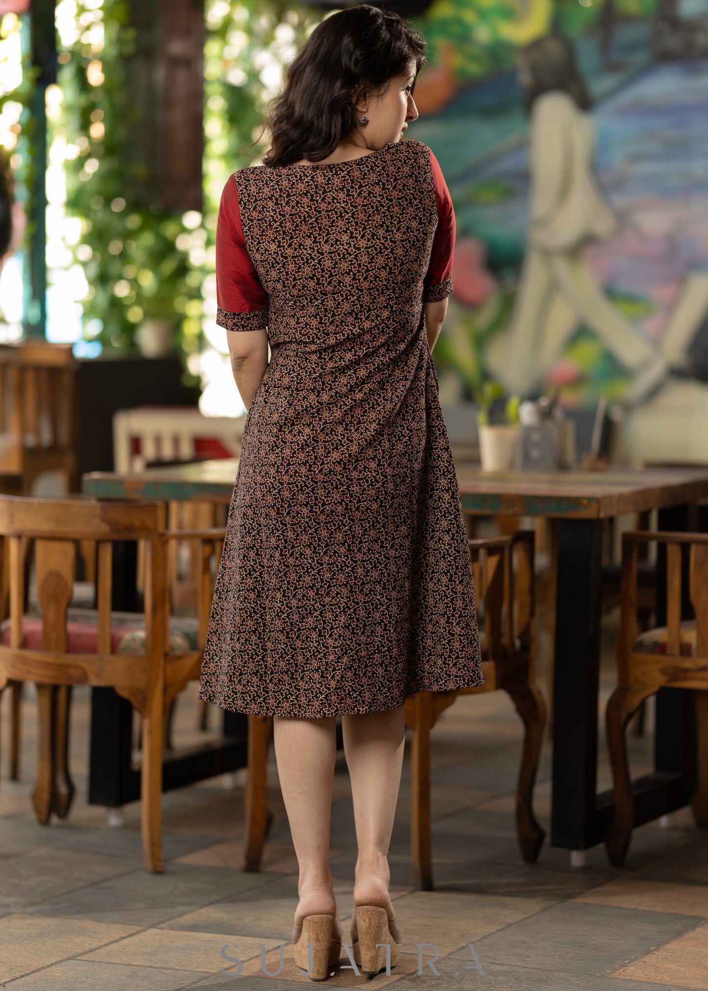 Black Floral Ajrakh with maroon silk yoke