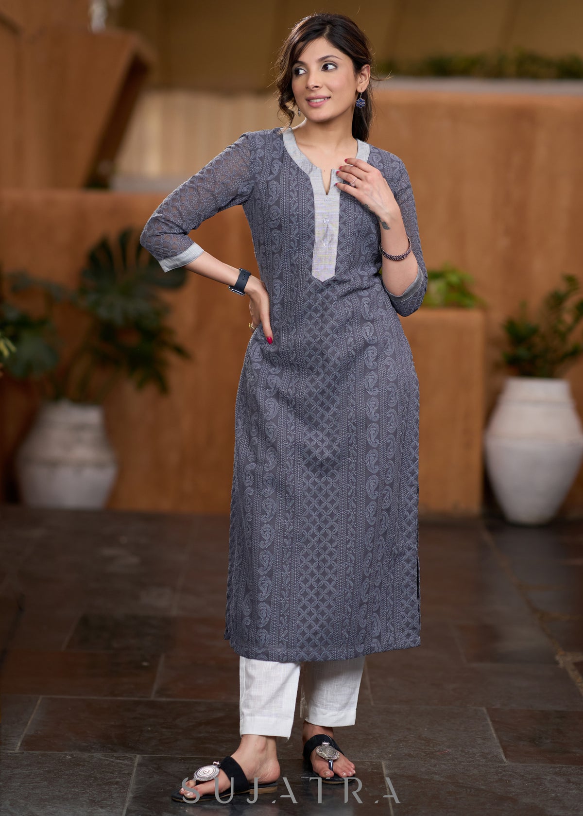 Flowy Grey Embroidered Kurta with Contrast Detailing - Pant Optional