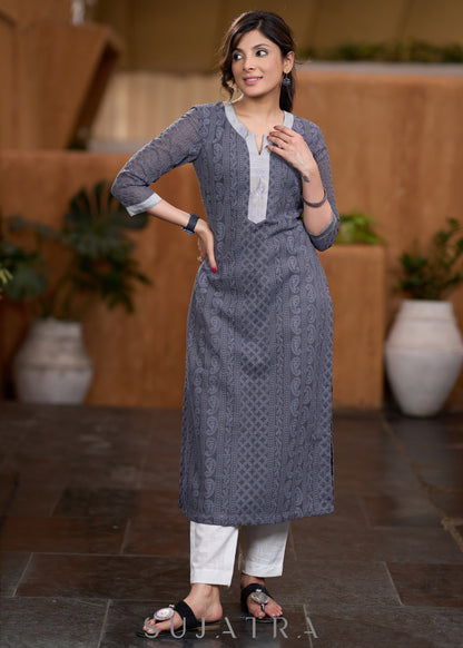 Flowy Grey chikankari kurta with contrast detaling Pant optional