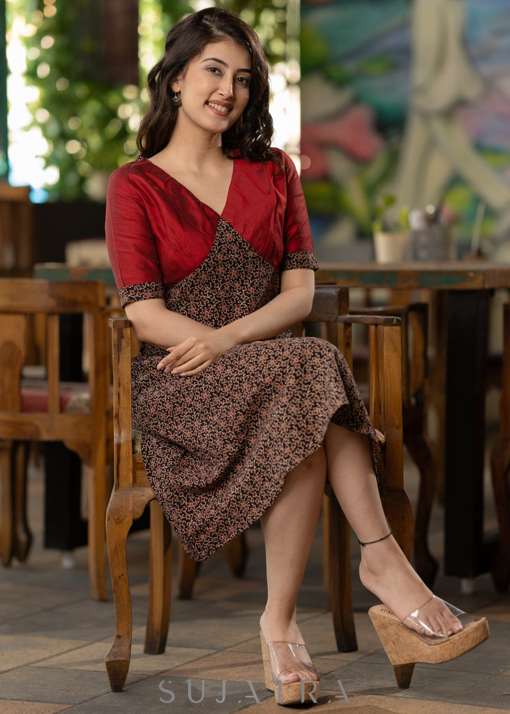 Black Floral Ajrakh with maroon silk yoke