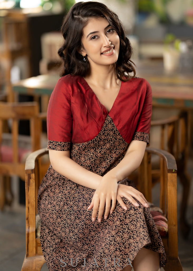 Black Floral Ajrakh with maroon silk yoke