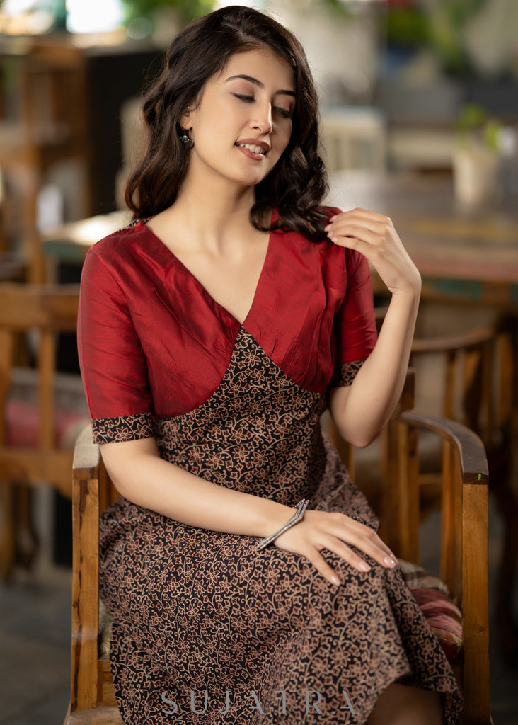 Black Floral Ajrakh with maroon silk yoke