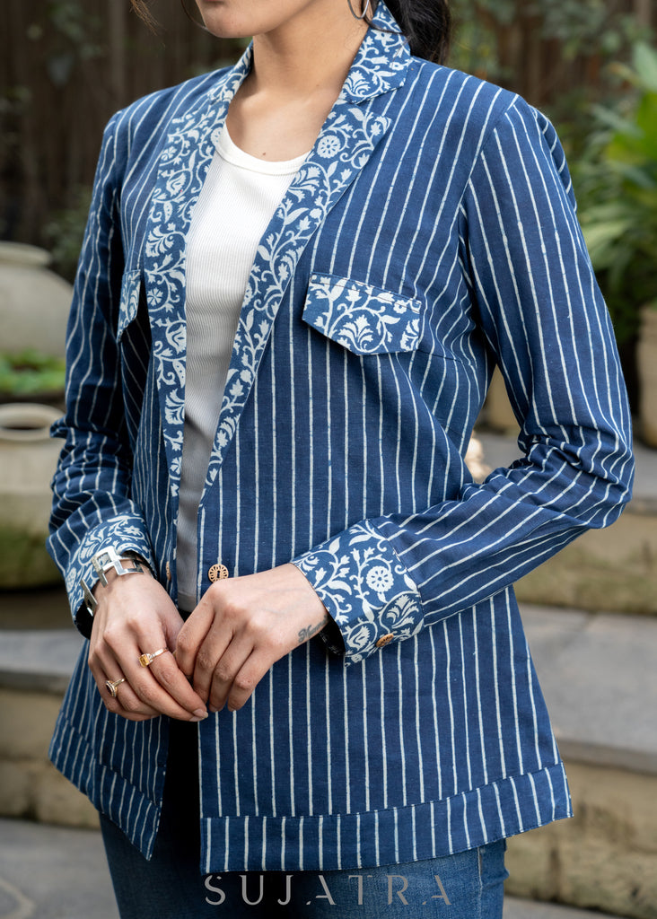 Standout indigo casual jacket with floral indigo combination