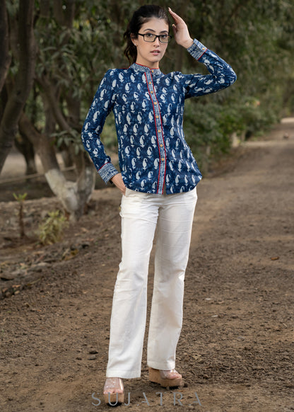 Trendy Indigo Combination Shirt with Mandarin Collar