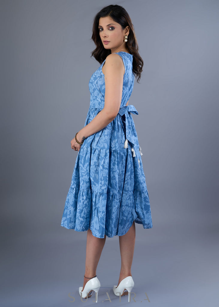Fresh Powder Blue Cotton Floral Gathered Dress With Pearl Highlights