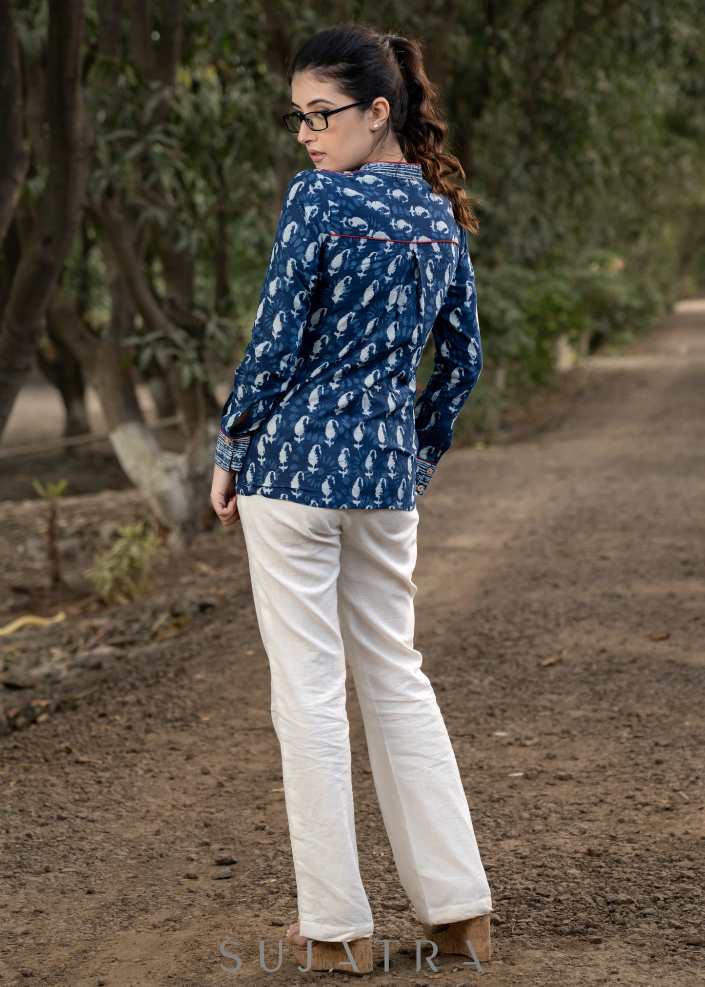 Trendy Indigo Combination Shirt with Mandarin Collar