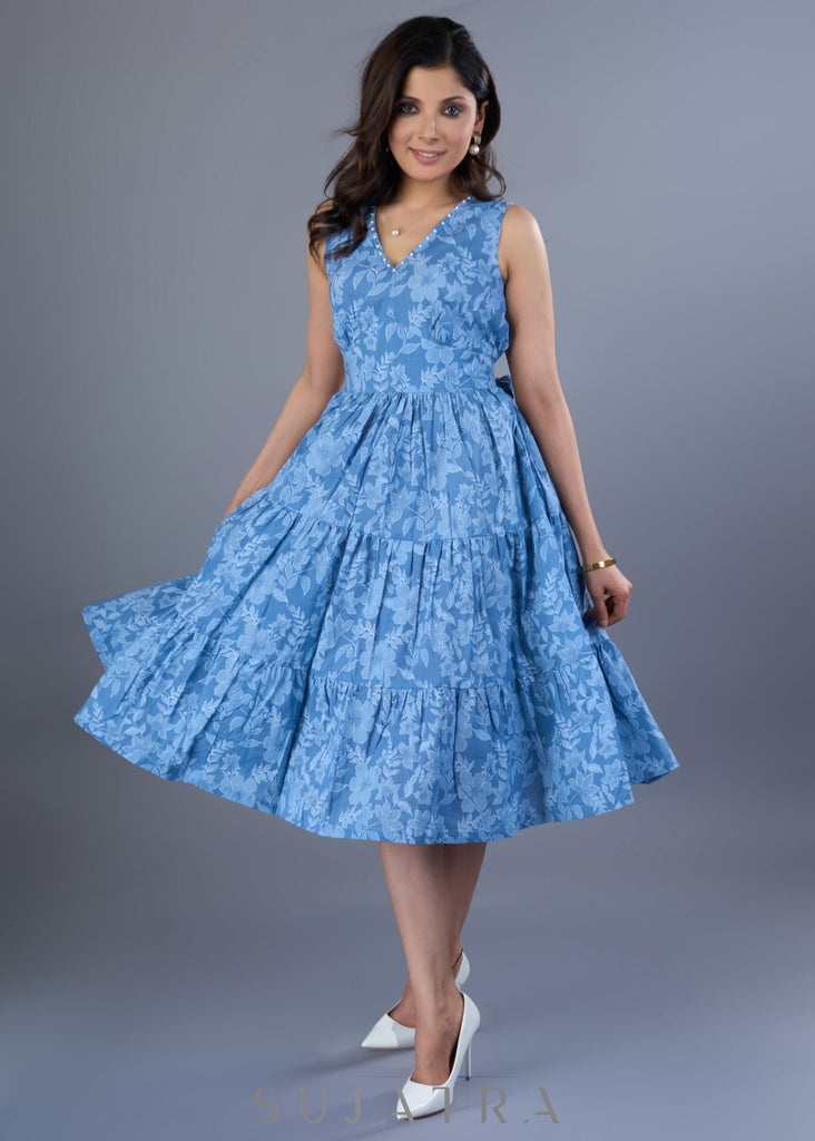 Fresh Powder Blue Cotton Floral Gathered Dress With Pearl Highlights