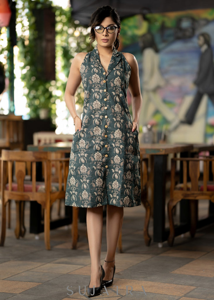 Elegant bottle green cotton kantha dress with notch collar