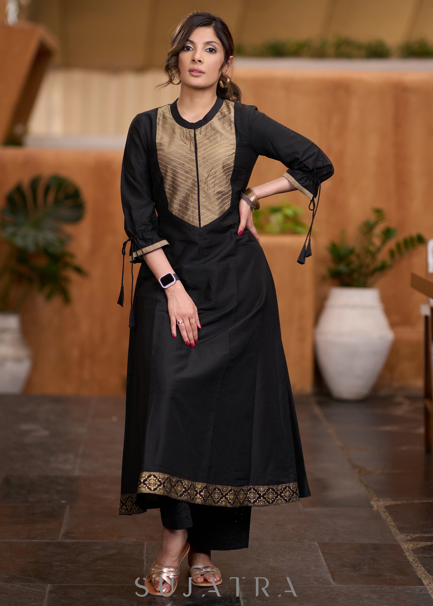 Stylish Black Cotton silk kurta with golden zari yoke Pant optional