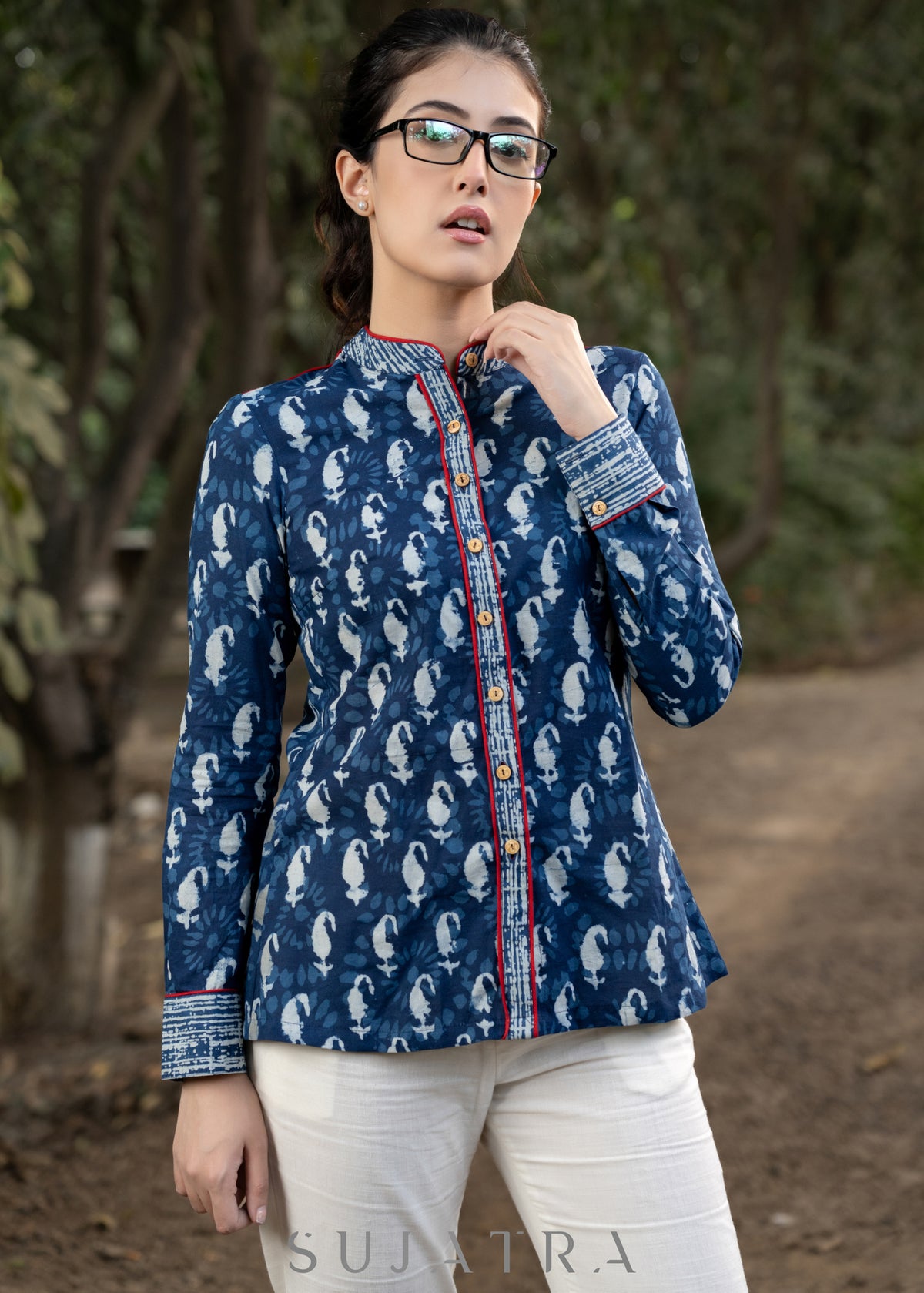 Trendy Indigo Combination Shirt with Mandarin Collar
