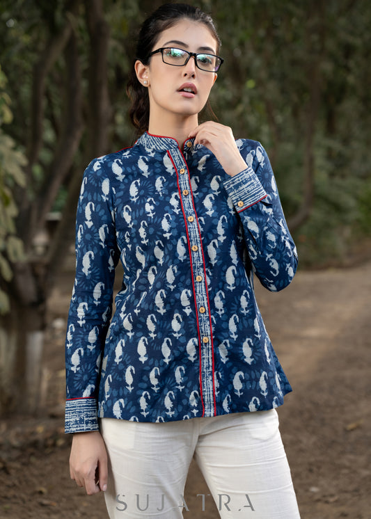 Trendy Indigo Combination Shirt with Mandarin Collar