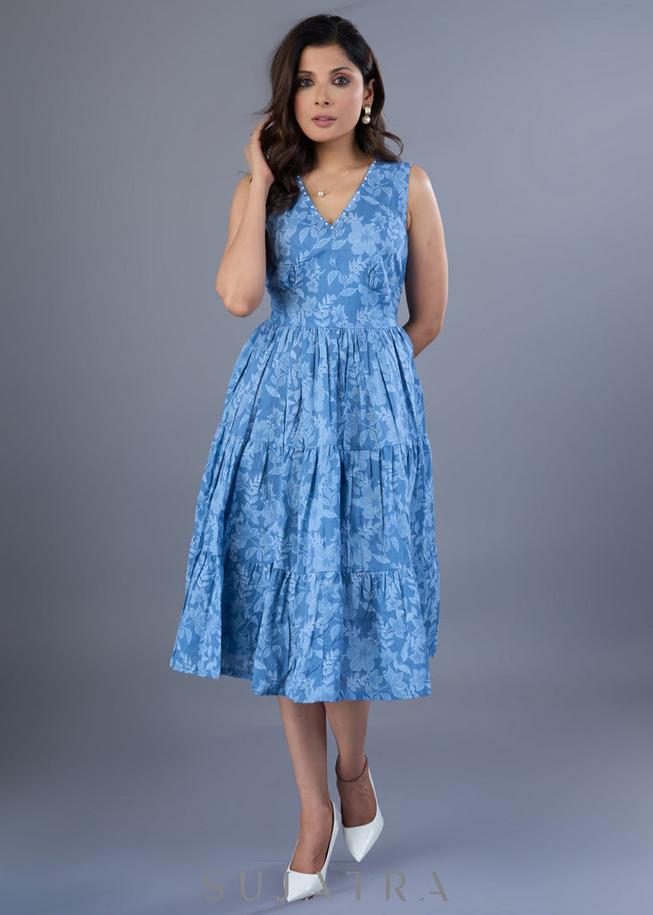Fresh Powder Blue Cotton Floral Gathered Dress With Pearl Highlights