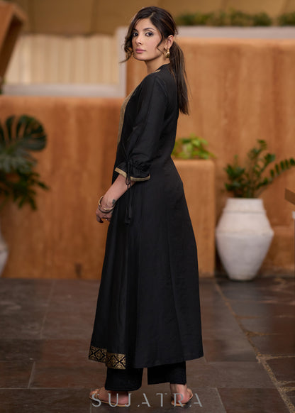 Stylish Black Cotton silk kurta with golden zari yoke Pant optional