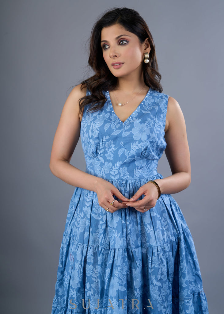 Fresh Powder Blue Cotton Floral Gathered Dress With Pearl Highlights