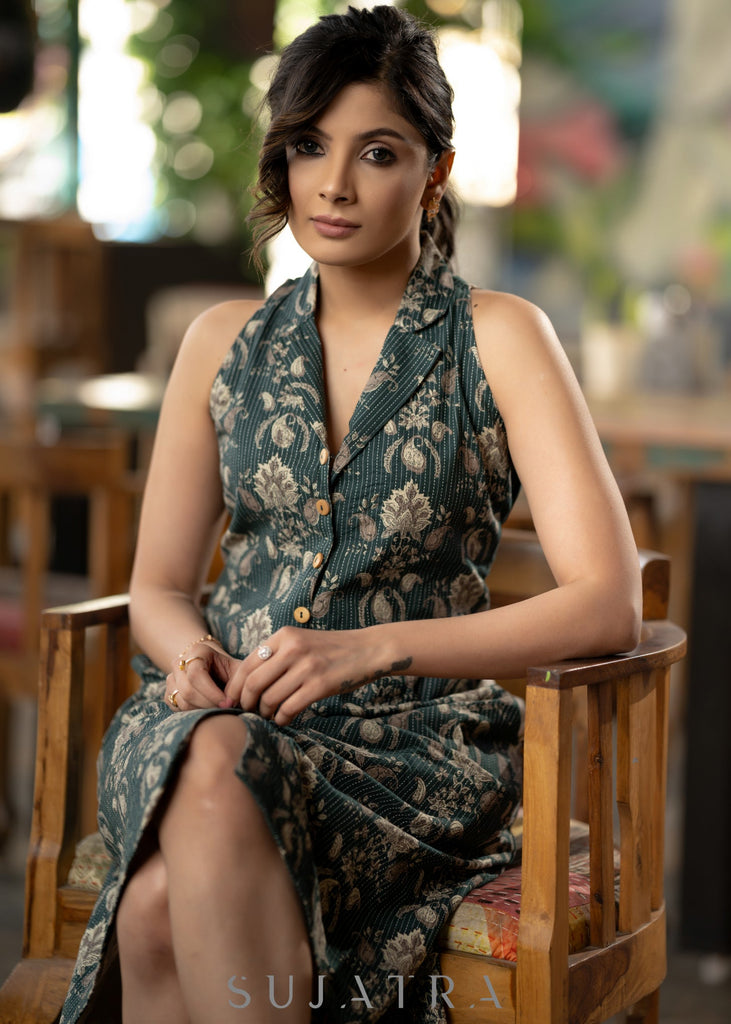 Elegant bottle green cotton kantha dress with notch collar