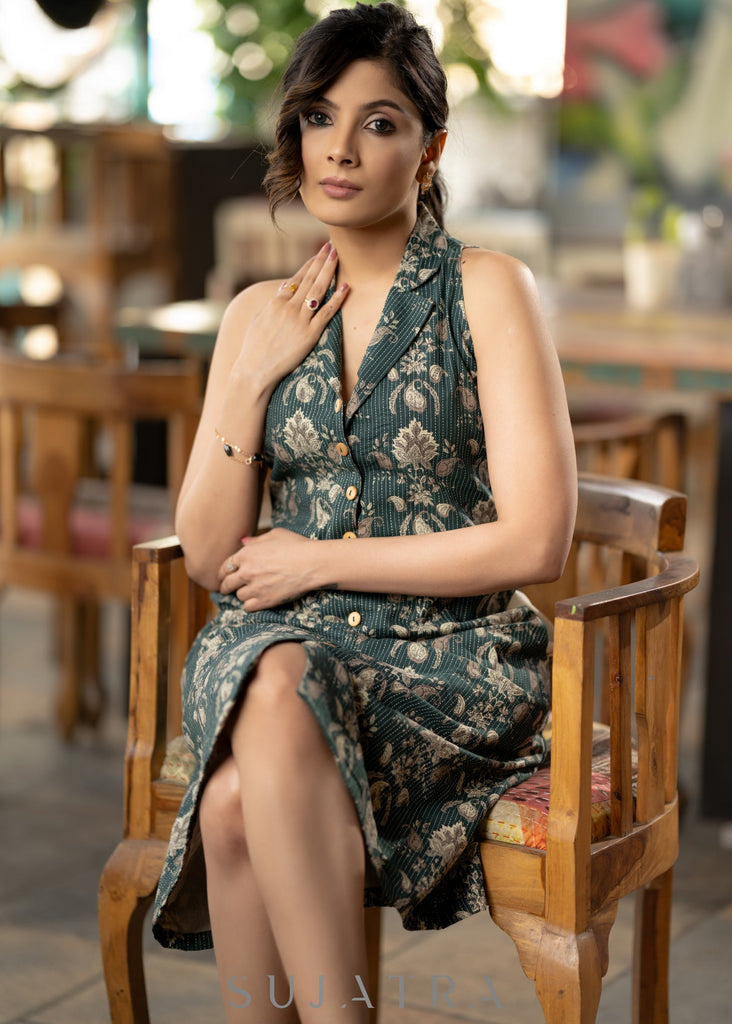 Elegant bottle green cotton kantha dress with notch collar