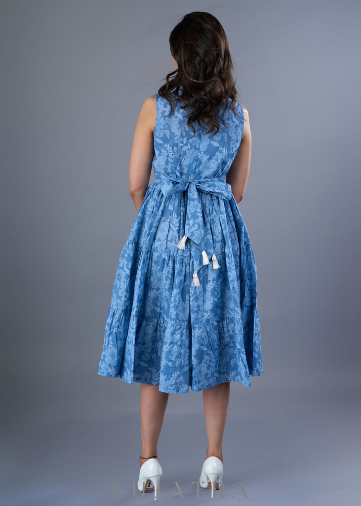 Fresh Powder Blue Cotton Floral Gathered Dress With Pearl Highlights