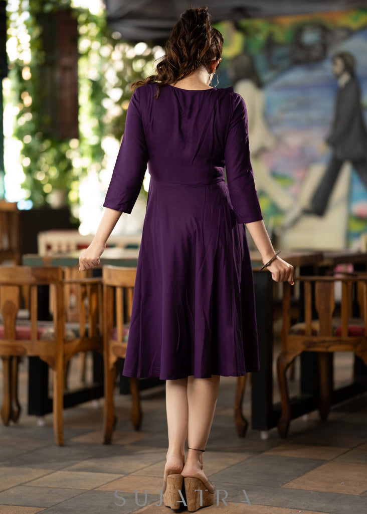 Purple rayon dress with frills on neckline