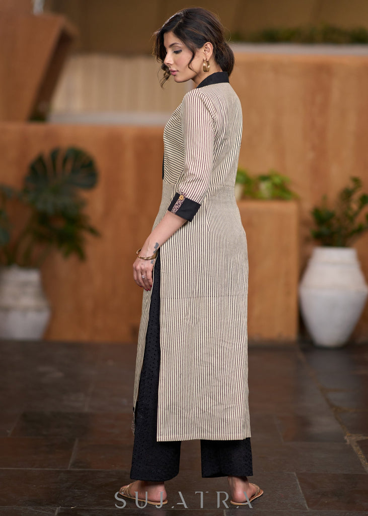 Classy Beige striped cotton kurta with black collar - Pant optional